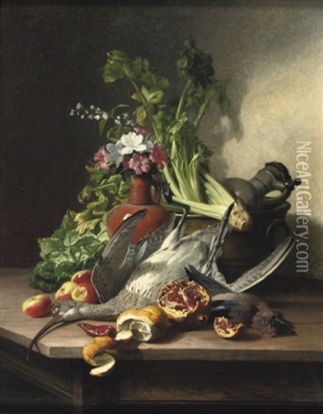 A Woodcock, A Jay, Vegetables, Fruit, Flowers Oil Painting - David Emile Joseph de Noter