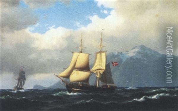 Marine Med Sejlskibe Udfor Kyst, I Baggrunden Sneklaedte Bjergtinder Oil Painting - Carl Emil Baagoe