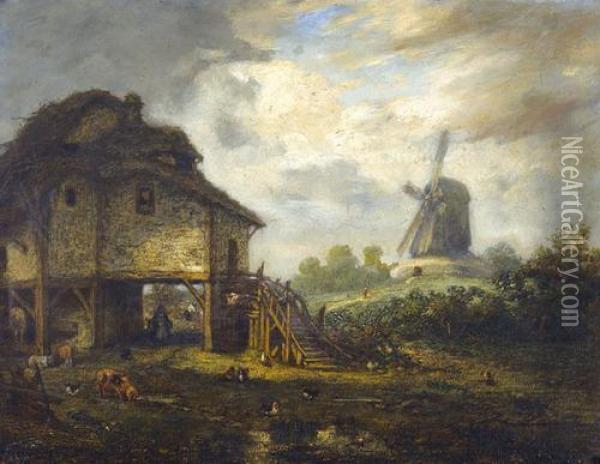Landschaft Mit Bauernhaus Und Windmuhle Oil Painting - Constant Troyon