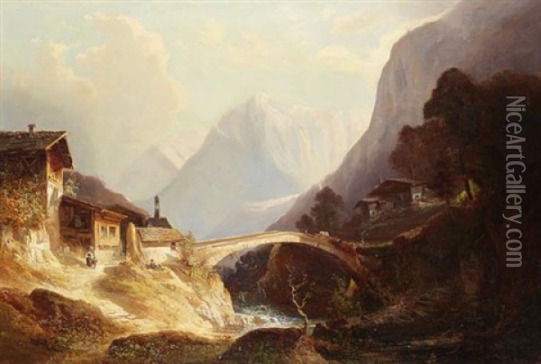 Tiroler Landschaft Mit Brucke Oil Painting - Ferdinand Feldhuetter