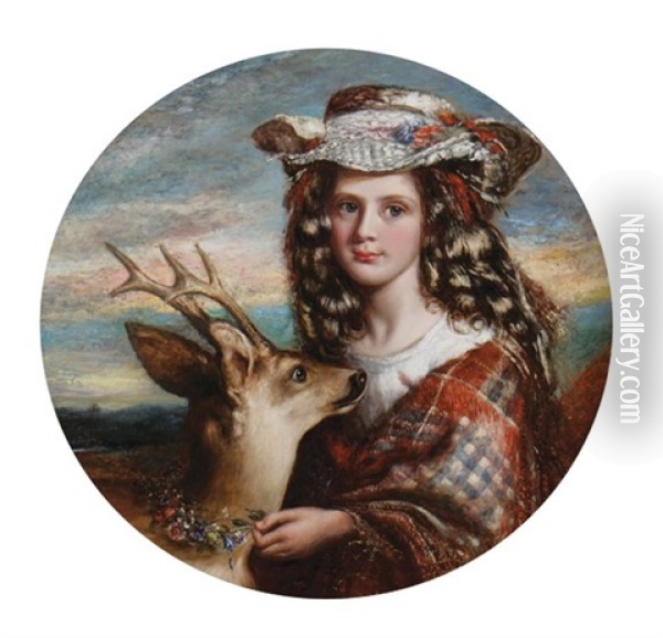 Girl With A Doe Oil Painting - Reuben Sayers