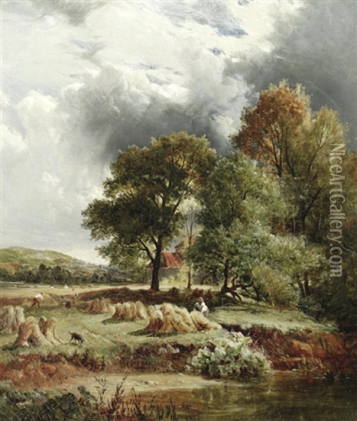 Harvest Under An Approaching Storm Oil Painting - Sidney Richard Percy