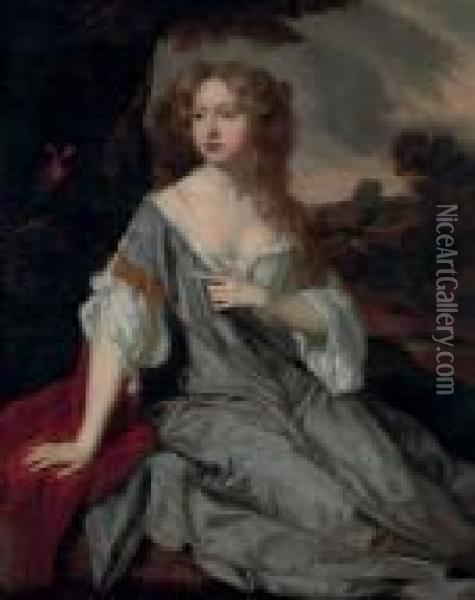 Portrait Of A Lady, Identified 
As Mrs. Lucy Loftus, Three-quarter-length, In A Blue Silk Dress, A 
Landscape Beyond Oil Painting - Sir Peter Lely