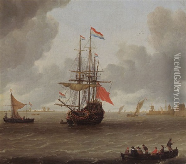 A Man-of-war In A Stiff Breeze With A Kaag And A Rowing Boat With Figures In The Lower Foreground Oil Painting - Jeronymus Van Diest