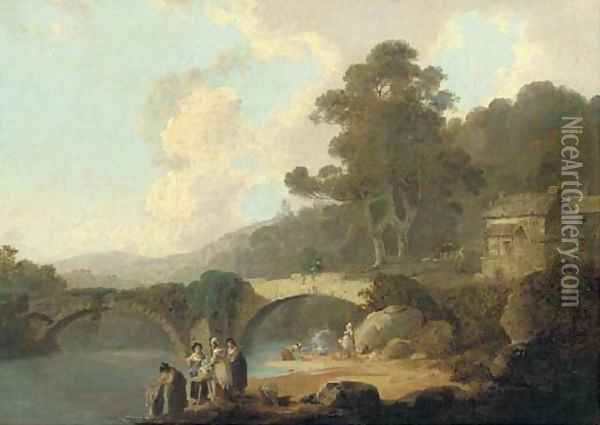 Rosewell Castle, North Wales, with washerwomen in the foreground and a bridge beyond Oil Painting - Julius Caesar Ibbetson