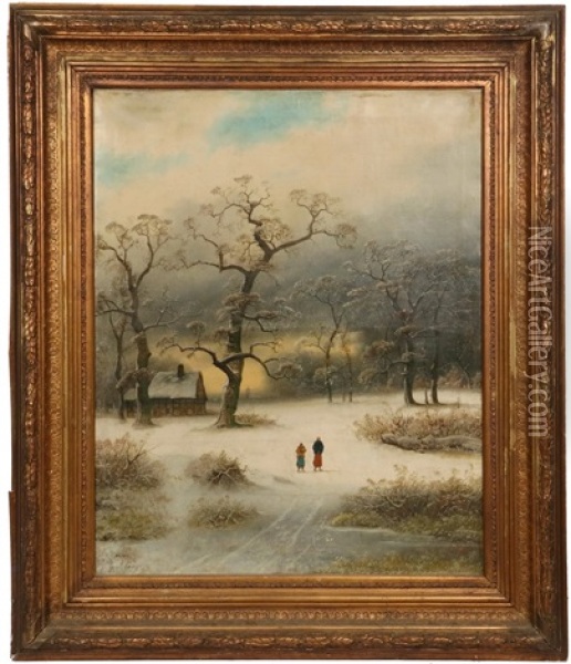 Winter Landscape With Couple Approaching Cottage Oil Painting - Johann Gustav Lange