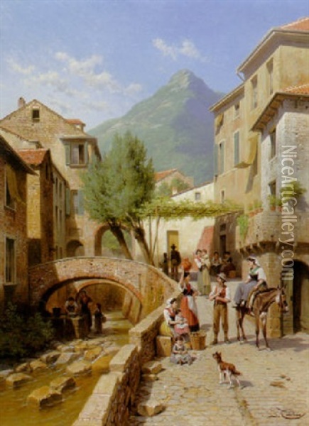 Une Rue A Monterosso, Italie Oil Painting - Jacques Francois Carabain