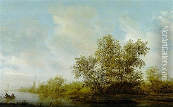A Wooded River Landscape With Fishermen In Boats, Travellers In A Horsedrawn Cart, A Church Beyond Oil Painting - Salomon van Ruysdael