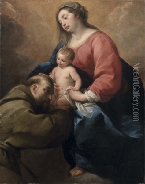 Madonna Con Bambino E San Francesco (collab. W/carlo Francesco Nuvolone) Oil Painting - Giuseppe Nuvolone