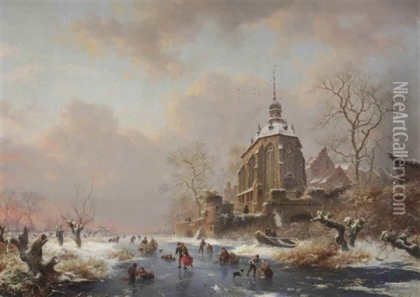 Winter Fun On The Ice Near A Castle Oil Painting - Frederik Marinus Kruseman