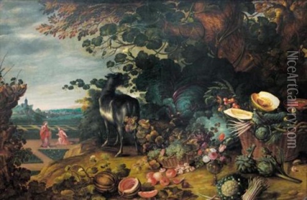 An Extensive Landscape With Flowers, Fruit And Vegetables With A Goat By A Tree, A Scene Depicting Noli Me Tangere In A Garden Beyond Oil Painting - Gommaert Van Der Gracht