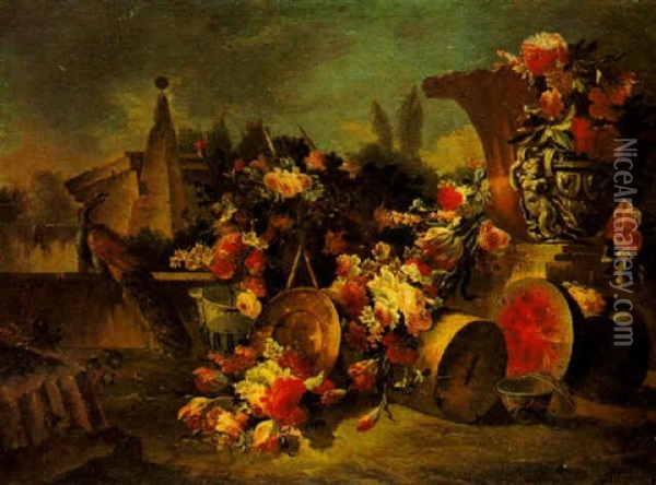 Still Life Of Flowers With A Peacock In A Garden Oil Painting - Nicola Casissa