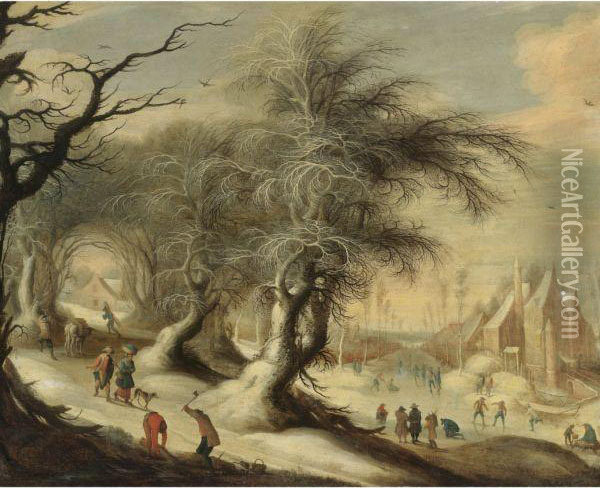 A Winter Landscape Oil Painting - Gijsbrecht Leytens