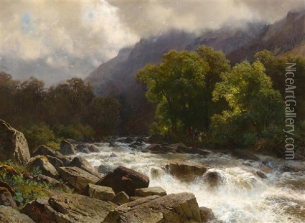 Wildbach Bei Aufkommendem Gewitter, 1859 Oil Painting - Traugott Schiess