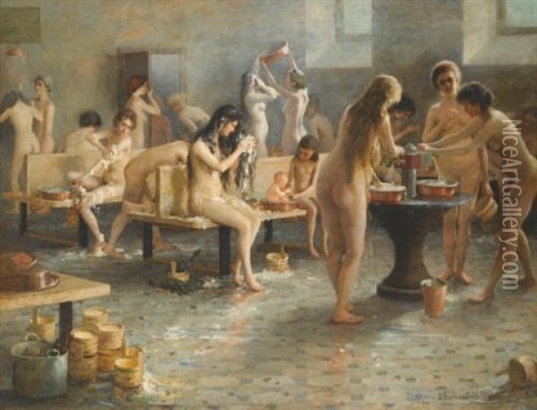 In The Bath House Oil Painting - Vladimir Alexandrowitsch Plotnikoff