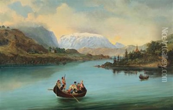 Norwegian Mountainscape With Wedding Party Crossing The River Oil Painting - Carl Anton Saabye