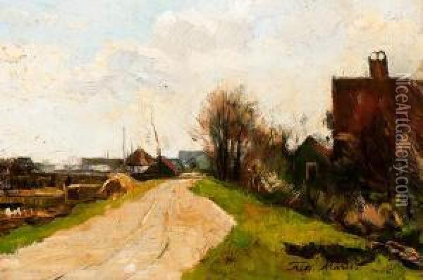 Road On A Dike With Farms Oil Painting - Frits Maris
