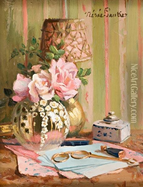 Vaso Di Rose Con Occhiali E Corrispondenza Oil Painting - Jane Neree-Gautier