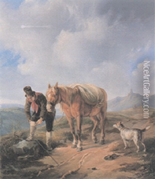 Traveller With His Horse Resting In A Landscape Oil Painting - Albrecht Adam