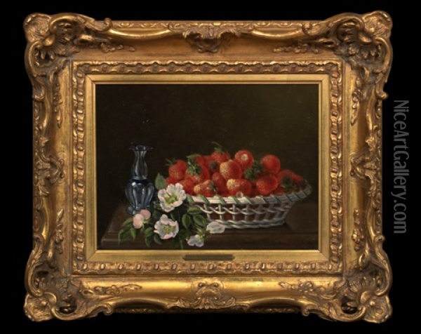 Still Life Of A Basket Of Strawberries And A Cut Glass Vase Oil Painting - Ennemond Ferrand