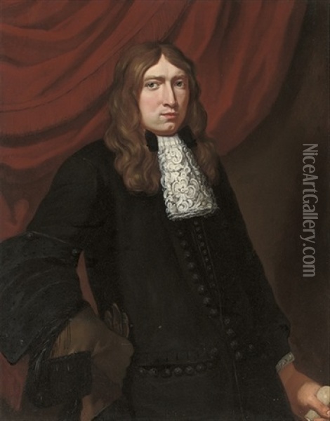 Portrait Of A Gentleman In A Black Coat, Wearing A Hawking Glove Oil Painting - Pieter Nason