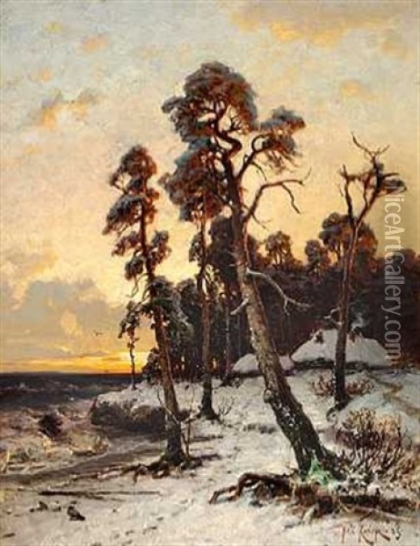 Sunset At Snow-covered Coast In The Outskirts Of A Forest, Between The Trees A House Is Visible Oil Painting - Yuliy Yulevich (Julius) Klever