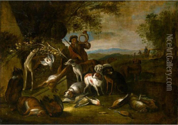 A Huntsman And His Hounds In A Landscape With Various Dead Game Oil Painting - Adriaen de Gryef