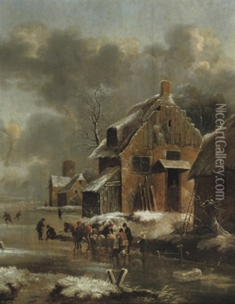 A Winter Landscape With A Horse-drawn Sleigh And Figures Oil Painting - Nicolaes Molenaer