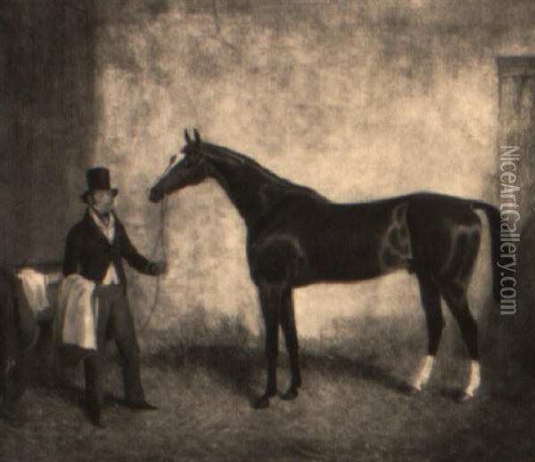 'orlando', A Bay Racehorse Held By A Trainer Oil Painting - George Vicat Cole