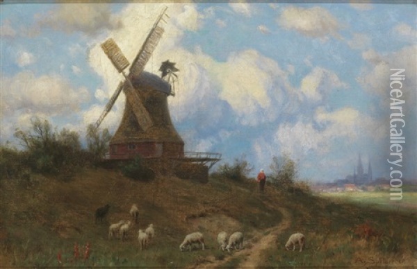 Malerische Weidelandschaft Mit Schafherde Und Windmuhle. Weiter Blick In Das Land Mit Ferner Stadt Oil Painting - August (Karl Martin A.) Splitgerber