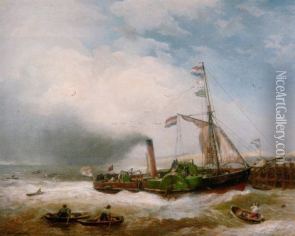 Schaufelraddampfer Vor Einer Mole Oil Painting - Andreas Achenbach