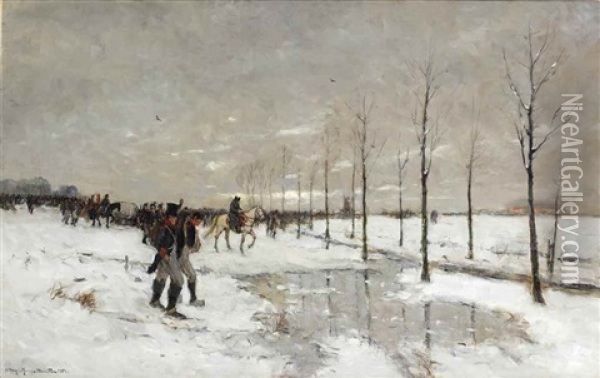 Napoleon's Retreat In Winter Oil Painting - Gerhard Arij Ludwig Morgenstjerne Munthe