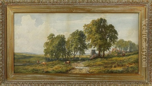 A By-way Chashorn, Hants, With Cattle Near A Church Oil Painting - John Faulkner