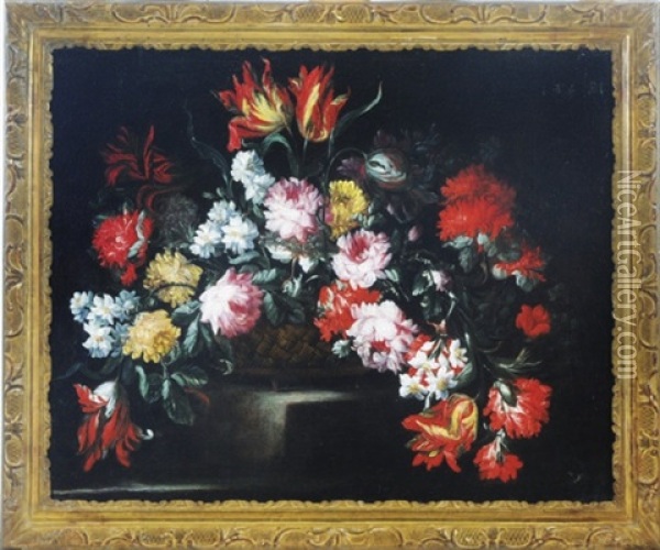 Still Life With Poppies, Peonies And Tulips In A Basket Oil Painting - Mario Nuzzi