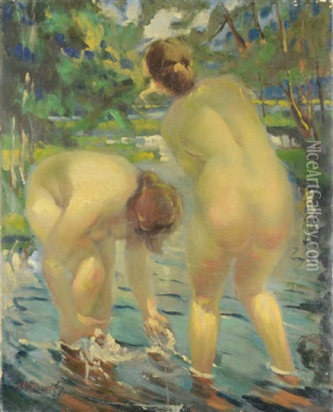 Nudes In The Lake Oil Painting - Vitaly Gavrilovich Tikhov