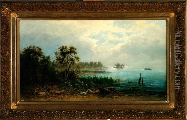 Carl August Sommer: An Evening Scenery From The Hudson River. Signed C. A. Sommer Oil Painting - Carl August Sommer