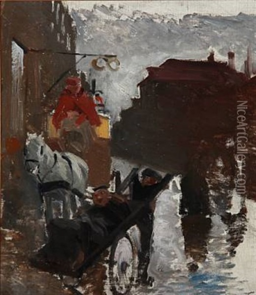 Gadescene Med Postvogn Oil Painting - Erik Ludwig Henningsen