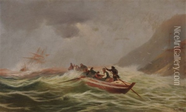 Seestuck Mit Sinkendem Schiff Und Rettungsboot Oil Painting - Alexis Carl Gottfried Schoengruen