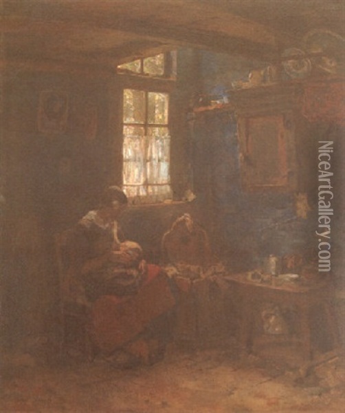 Dutch Farmhouse Interior With A Nursing Mother Oil Painting - Jozef Israels
