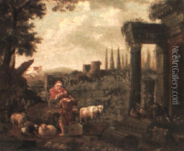 Landscapes With Herders And  Their Cattle And Sheep, Resting Among Ruins Oil Painting - Johann Heinrich Roos
