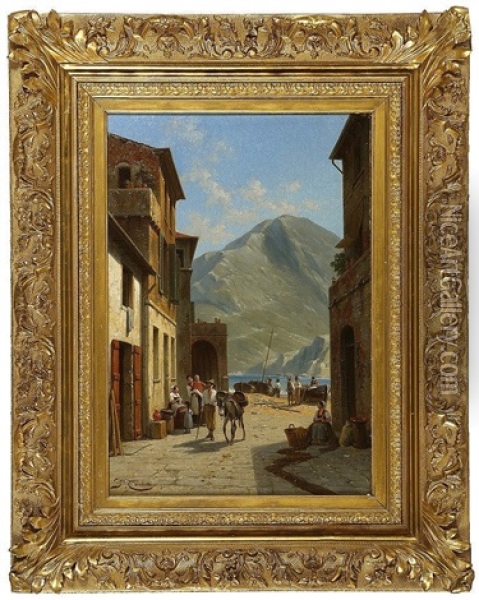 Port Town With Figures On A Street Oil Painting - Jacques Francois Carabain
