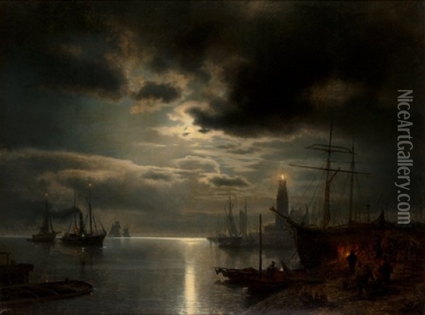 A Moonlit Harbor Oil Painting - Hermann Herzog