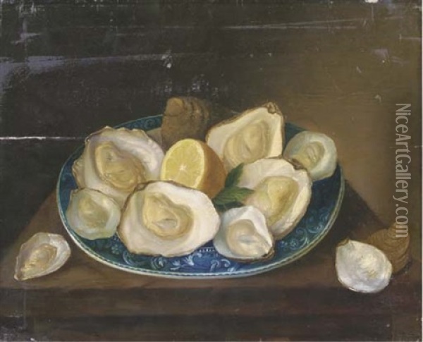 Oysters And A Sliced Lemon On A Delft Porcelain Plate Oil Painting - Jacob Marrel