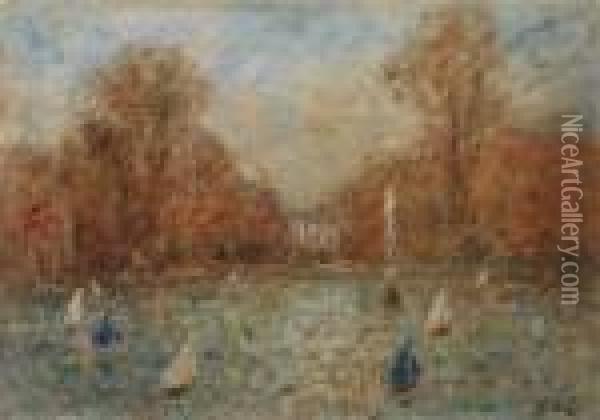 Le Bassin Des Tuileries Anime De Petits Bateaux (vers 1935) Oil Painting - Georges dEspagnat