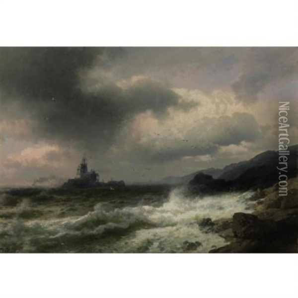 Saddle Rock Lighthouse, Maine Oil Painting - Hermann Herzog