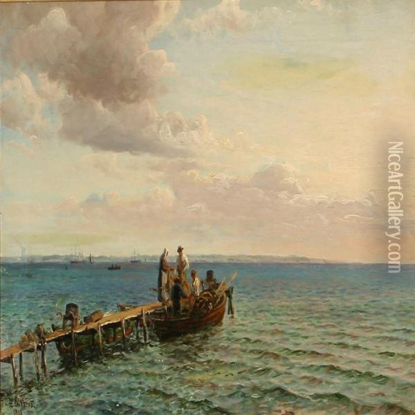 Coastal Scene Withships On The Sea, In The Background The Swedish Coast Oil Painting - Holger Peter Svane Lubbers