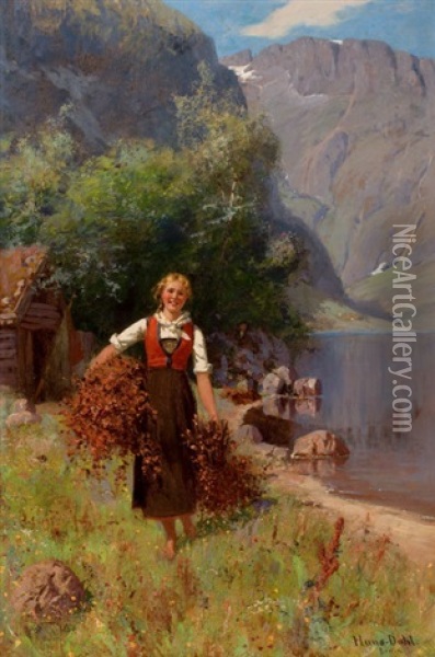 Girl In A Fjord Landscape Oil Painting - Hans Dahl