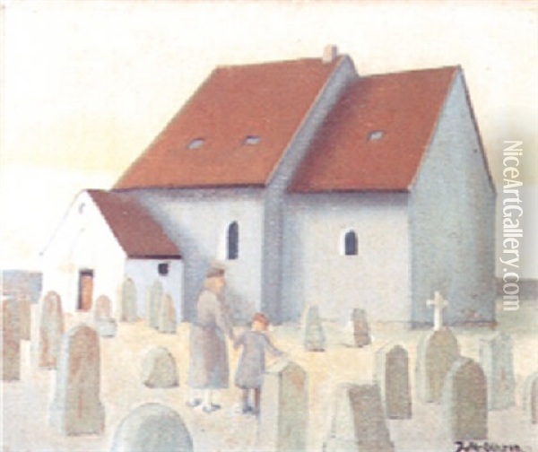 Mor Og Barn Pa Kirkegarden, Allinge Kirke Oil Painting - Jeppe Madsen Ohlsen