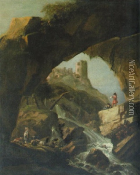 Grand Tour. Italienskt Landskap Med Figurer Vid Ett Vattenfall Oil Painting - Pieter Rysbraeck
