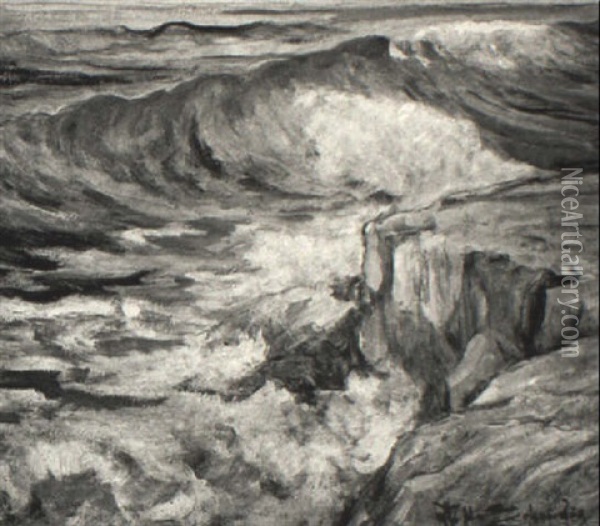 Seven Foot High Tide, Sunset Cliffs, Ocean Beach Oil Painting - Otto Henry Schneider